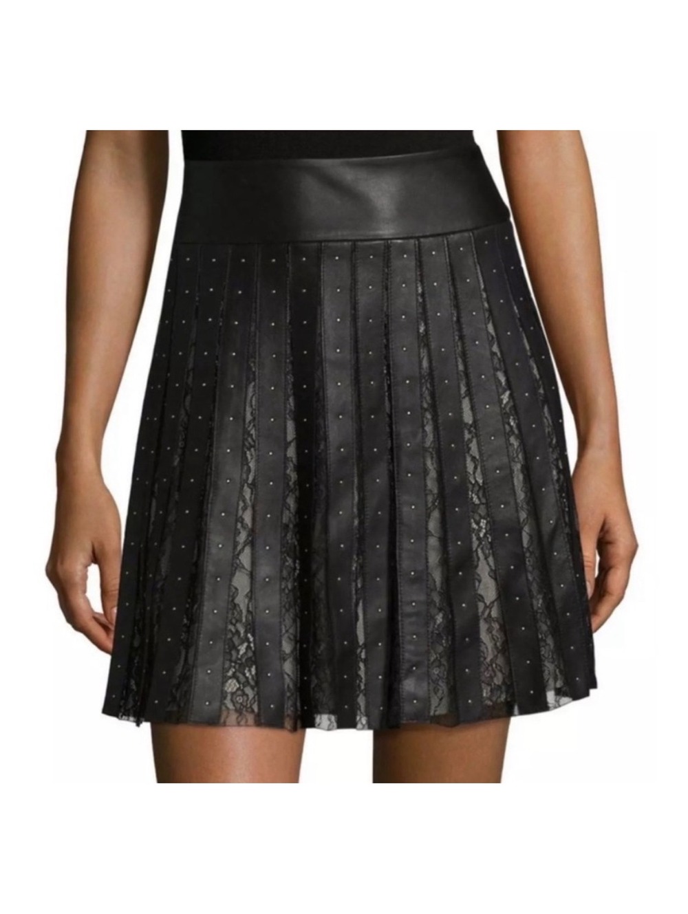 Alice + Olivia 100% Lamb Leather Pleated Lace Studded Mini Skirt Black Sz 2